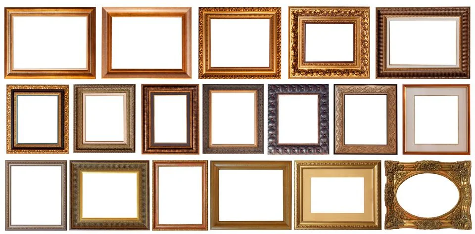 Picture frames isolated on white background set antique gilded gold Foto stock