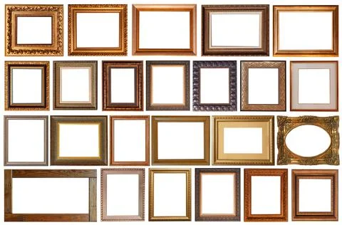 Picture frames isolated on white background set antique gilded gold 스톡 사진