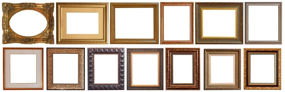 Picture frames isolated on white background set antique gilded gold silver Stock Photos