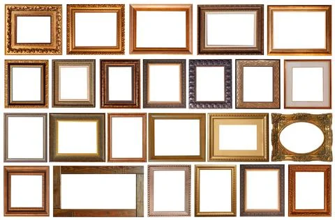 Picture frames isolated on white background set antique gilded gold Stock Photos