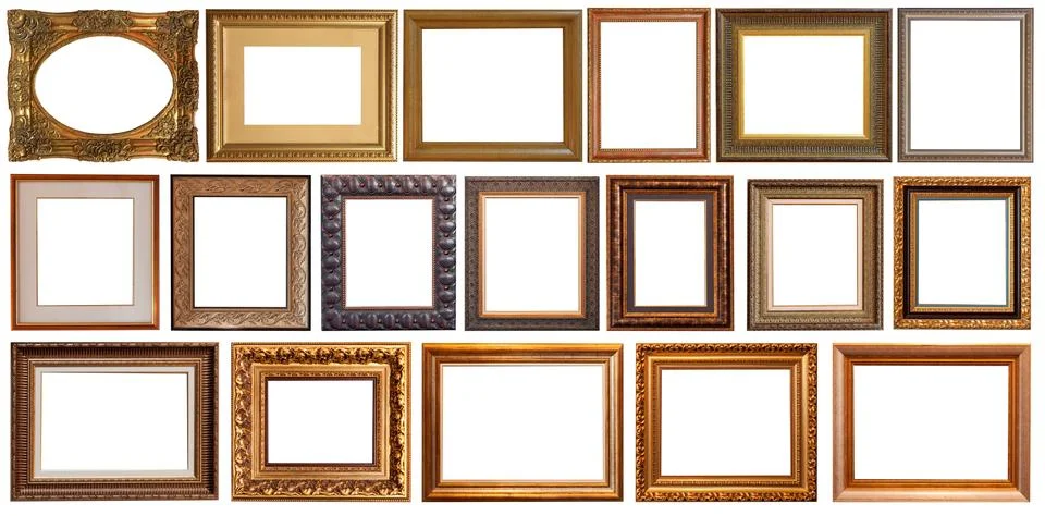 Picture frames isolated on white background set antique gilded gold silver Stock Photos