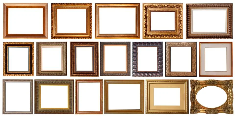 Picture frames isolated on white background set antique gilded gold Stock Photos