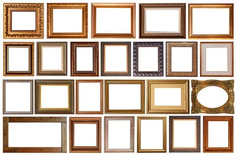Picture frames isolated on white background set antique gilded gold Stock Photos