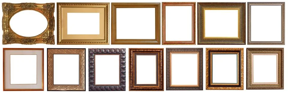 Picture frames isolated on white background set antique gilded gold silver Stock Photos