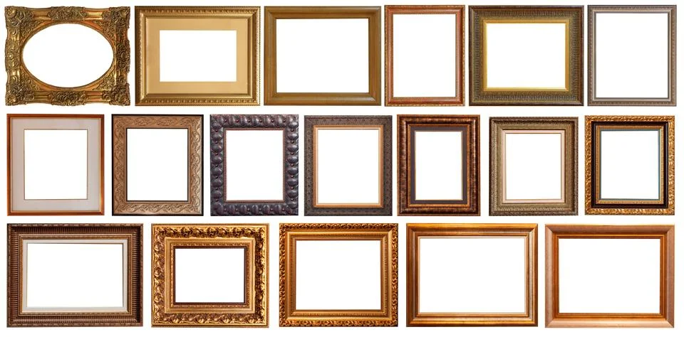 Picture frames isolated on white background set antique gilded gold silver Stock Photos