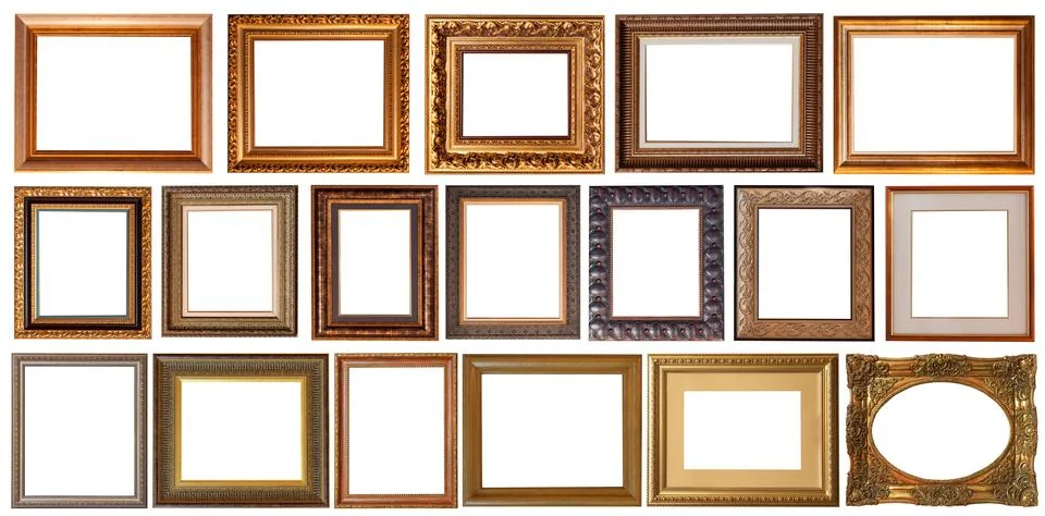 Picture frames isolated on white background set antique gilded gold Stock Photos