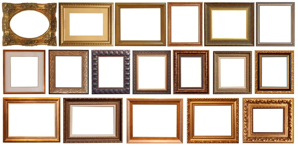 Picture frames isolated on white background set antique gilded gold silver Stock Photos