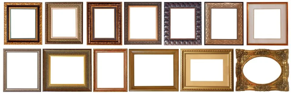 Picture frames isolated on white background set antique gilded gold Stock Photos