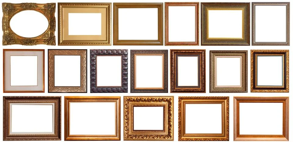 Picture frames isolated on white background set antique gilded gold silver Stock Photos