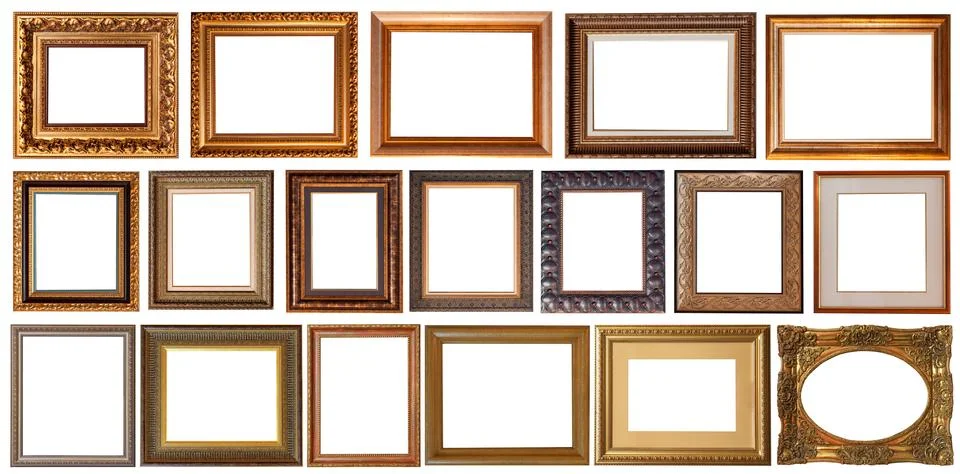 Picture frames isolated on white background set antique gilded gold Stock Photos