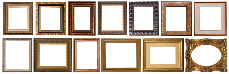 Picture frames isolated on white background set antique gilded gold Stock Photos