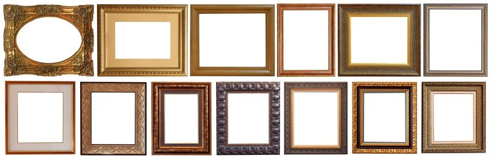 Picture frames isolated on white background set antique gilded gold silver Fotos Stock