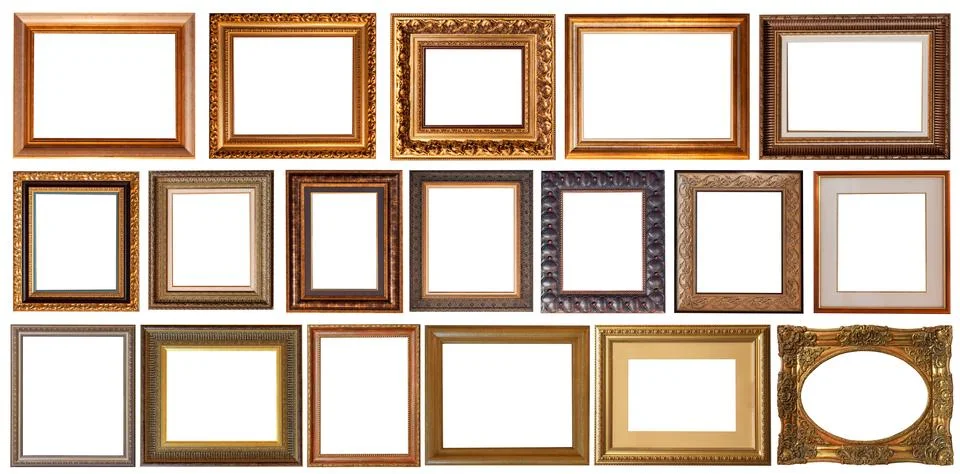 Picture frames isolated on white background set antique gilded gold Fotos Stock