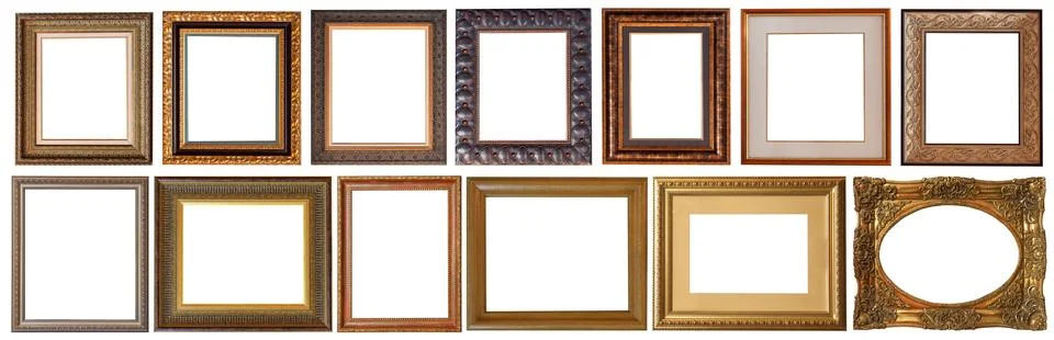 Picture frames isolated on white background set antique gilded gold Stock Photos