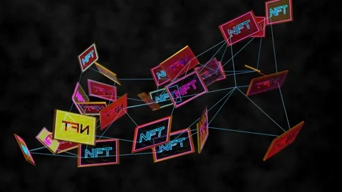 Picture frames with luminous nft inscriptions strung on a deforming mesh. crypto Stock Footage 168164762