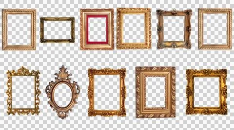 Picture frames, often utilized for vintage or baroque-style photo displays. Stock Photos