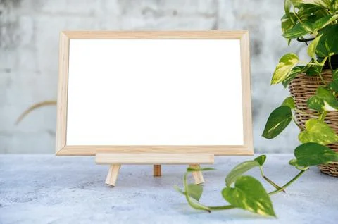 Picture frames placed on a cement table and small trees on the sides. Fotos Stock
