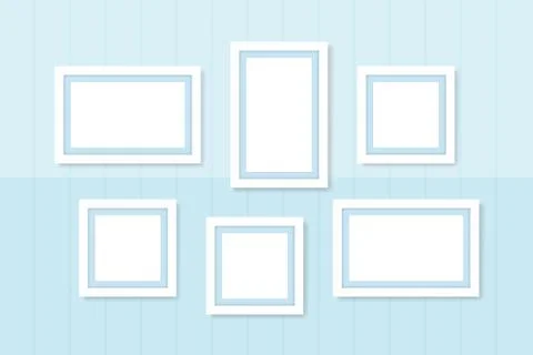 Picture frames white template on wall light blue pastel, frame cute for famil Stock Illustration