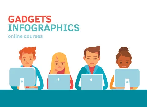 Picture, front view of workers, young peoples, freelancers sitting at table Stock Illustration