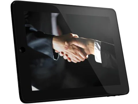 Picture of Handshaking on Computer Screen Stock Photos