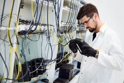 Picture of network technician testing modems in factory Stock Photos