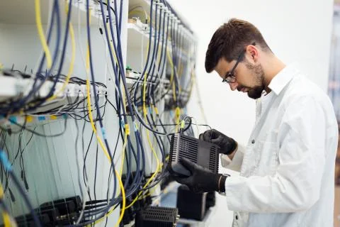 Picture of network technician testing modems in factory Stock Photos