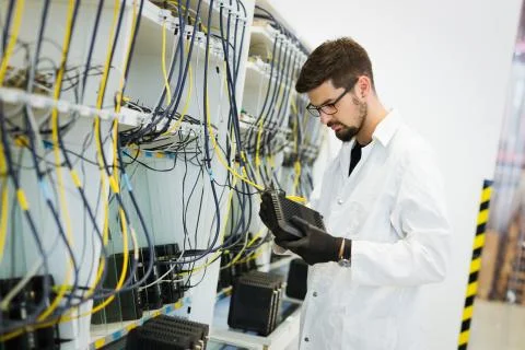 Picture of network technician testing modems in factory Stock Photos