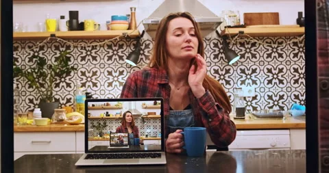 Picture in picture. vfx effect of infinite zoom on screen. Woman drinking tea Stock Footage 264754559