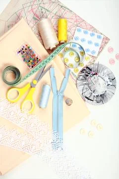 Picture of sewing items on white background Stock Photos