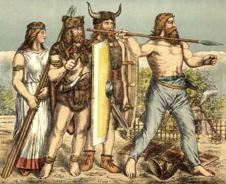 Picture shows various Germanic tribes such as Suebi, Frisians and Cheruscians. Stock Illustration