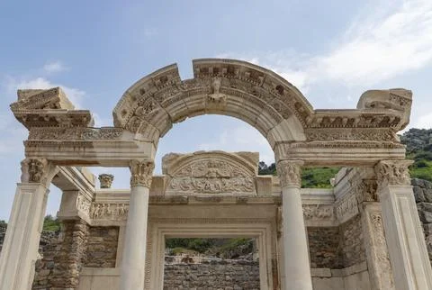 A picture of the upper section of the Temple of Hadrian at the Ephesus Ancient Stock Photos