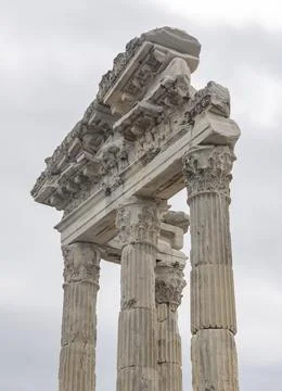 A picture of the upper section of the Temple of Trajan at the Pergamon Ancient Stock Photos