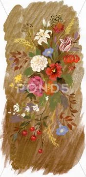 Picture of various flowers and berries on branches over brown background Stock Illustration