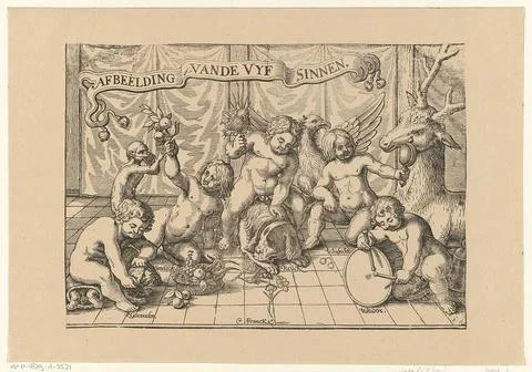 Picture of the Vyf pine. Five putti play with allegorical objects that rep... Stock Photos