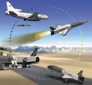 Pictured is an artist's collage of every phase of an X-34 Demonstrator's fl.. Stock Photos