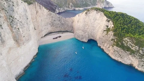 Picturesque aerial view of shipwreck beach Navagio in Greece Stock Footage 81307953
