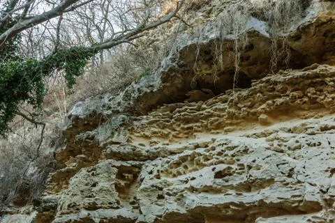Picturesque background of collapsing surface of limestone rock. Abstract beau Stock Photos