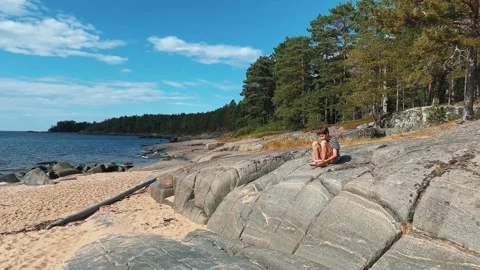 Picturesque Beach Scene Featuring Rocks and Pine Trees Amidst Natures Beauty Stock Footage 281646228