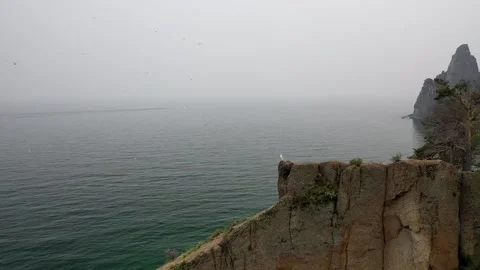 Picturesque cliffs against the backdrop of Lake Baikal, seagulls Stock Footage 154720962