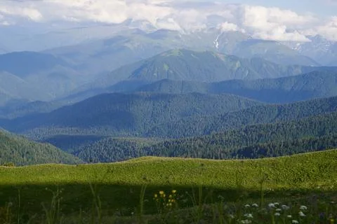 Picturesque landscape with meadows, forest and mountain peaks. Layers. Stock Photos