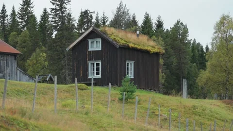 A picturesque landscape of a rustic cabin in a grassy field, highlighting Video stock 282264776