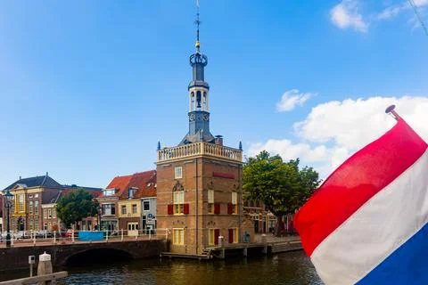 Picturesque landscape with a view of the excise tower in the city of Alkmaar Stock Photos