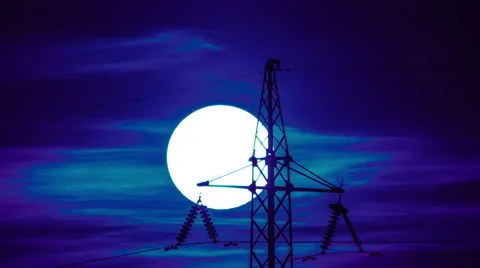 The picturesque moon and clouds by electrical pylon, time lapse Stock Footage 48827246