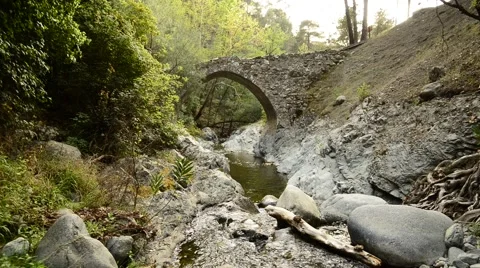 The picturesque mountain river flows under the medieval Venetian bridge Stock-Footage 63143624