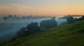 Picturesque night and sunset (sunrise) with fog above land, river and forest 4k or 4k+ Resolution