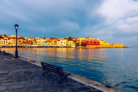 Picturesque old port of Chania. Landmarks of Crete island. Greece. Bay of Cha Stock Photos