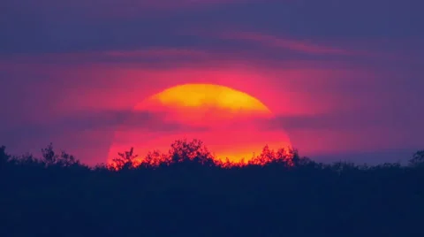 Picturesque red sunset with bright clouds, close up zoom view. BIRDS are seen Stock Footage 53000750