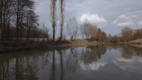 Picturesque reflections of fluffy clouds and trees on a calm lake surface Stock Footage 344809600