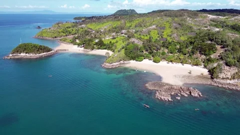 Picturesque sandy beach, coconut palms. Aerial shot of Sakatia Island,Madagascar Stock Footage 312584582