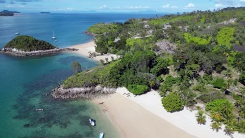 Picturesque sandy beach, coconut palms. Aerial shot of Sakatia Island,Madagascar Stock Footage 312584855
